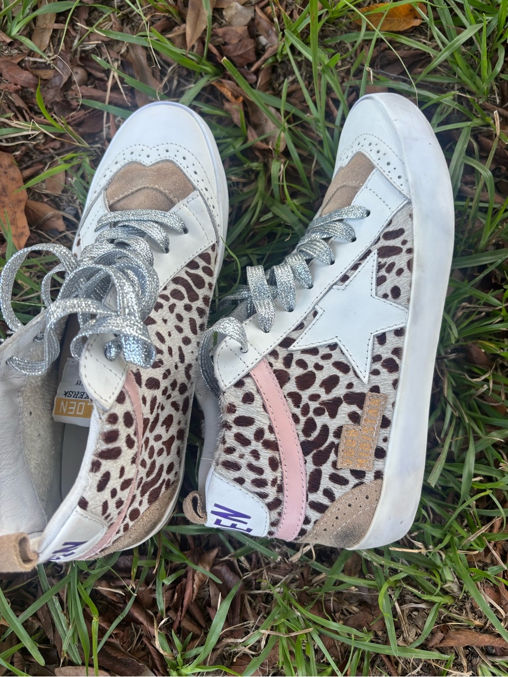 Golden Goose White Leopard-Print Sneakers with Pink Stripe
